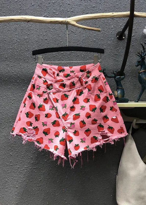 Cute Pink Strawberry Print Pockets Denim Shorts Summer Ada Fashion