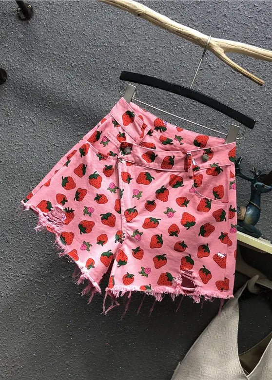 Cute Pink Strawberry Print Pockets Denim Shorts Summer Ada Fashion