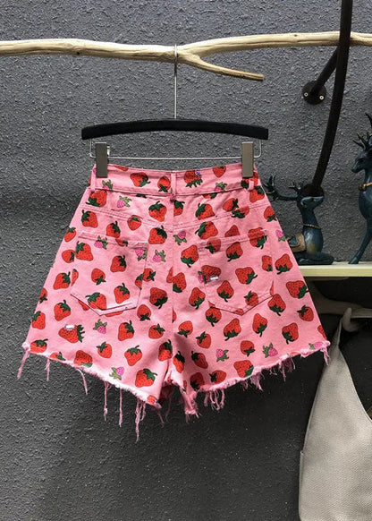 Cute Pink Strawberry Print Pockets Denim Shorts Summer Ada Fashion