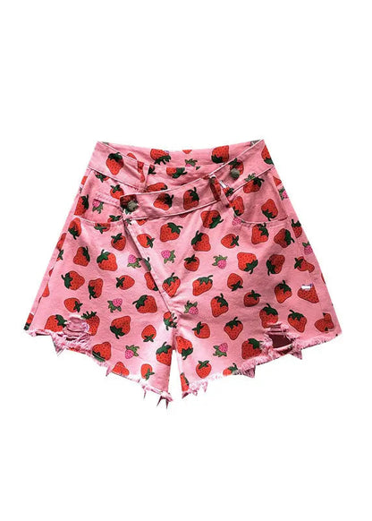 Cute Pink Strawberry Print Pockets Denim Shorts Summer Ada Fashion