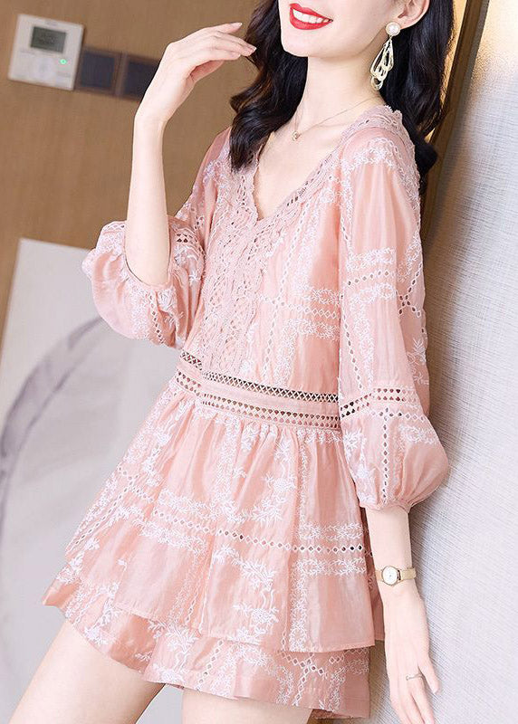 Cute Pink V Neck Lace Patchwork Chiffon Shirts And Shorts Two Piece Set Summer TI1061