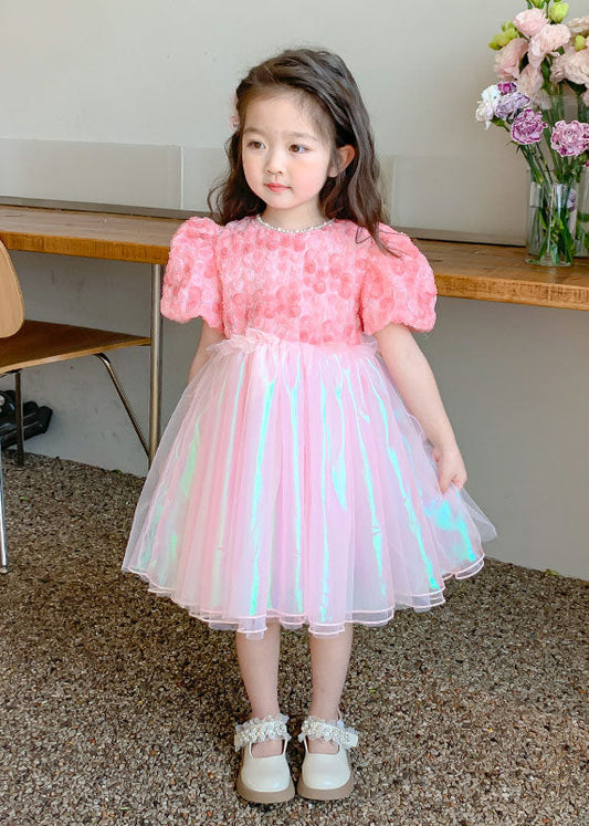 Cute Pink Wrinkled Nail Bead Patchwork Tulle Baby Girls Dress Short Sleeve LY6532 - fabuloryshop