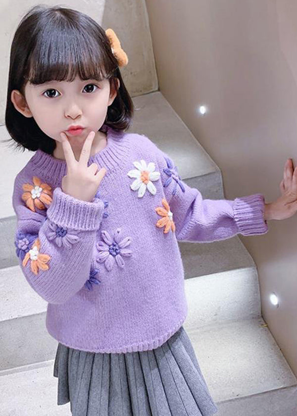 Cute Purple O Neck Floral Thick Knit Kids Girls Knit Pullover Winter Ada Fashion