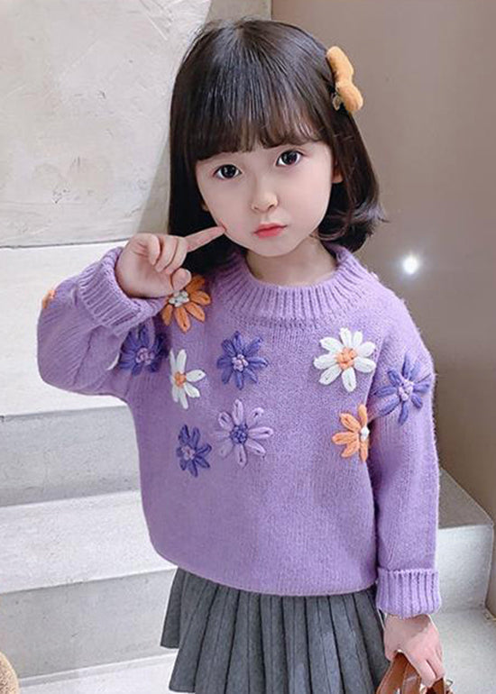 Cute Purple O Neck Floral Thick Knit Kids Girls Knit Pullover Winter Ada Fashion