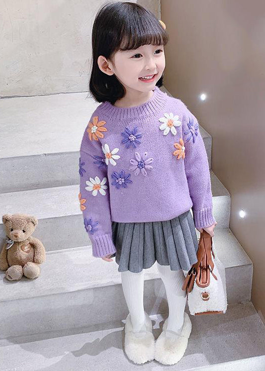 Cute Purple O Neck Floral Thick Knit Kids Girls Knit Pullover Winter Ada Fashion