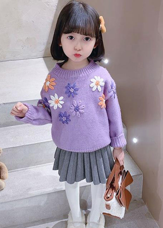 Cute Purple O Neck Floral Thick Knit Kids Girls Knit Pullover Winter Ada Fashion