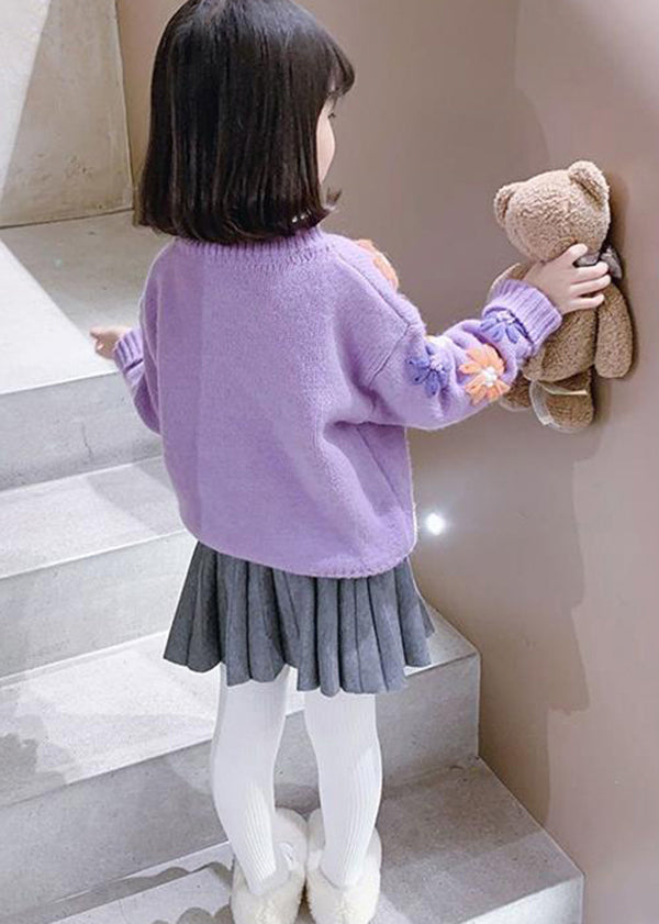 Cute Purple O Neck Floral Thick Knit Kids Girls Knit Pullover Winter Ada Fashion