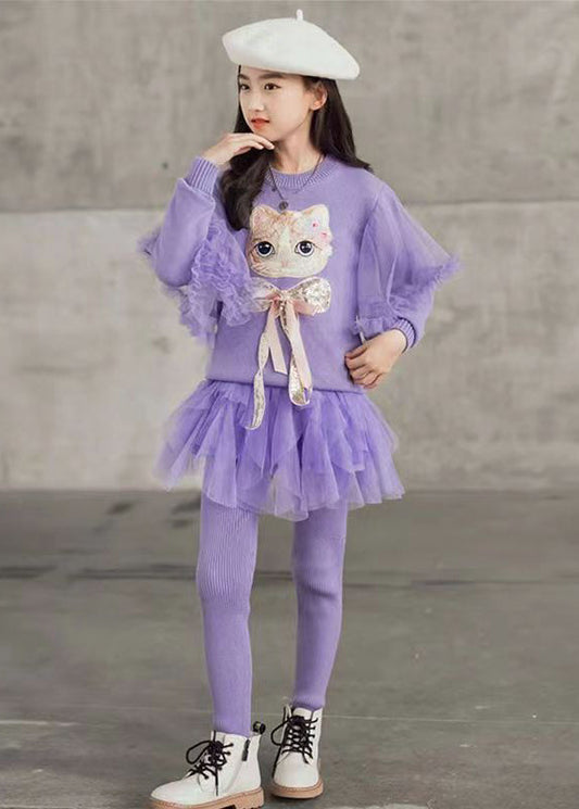 Cute Purple O Neck Sequins Tulle Patchwork Girls Two Pieces Set Fall Ada Fashion