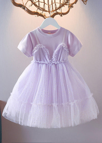 Cute Purple Patchwork Wrinkled Tulle Kids Long Dress Short Sleeve LY6436 - fabuloryshop