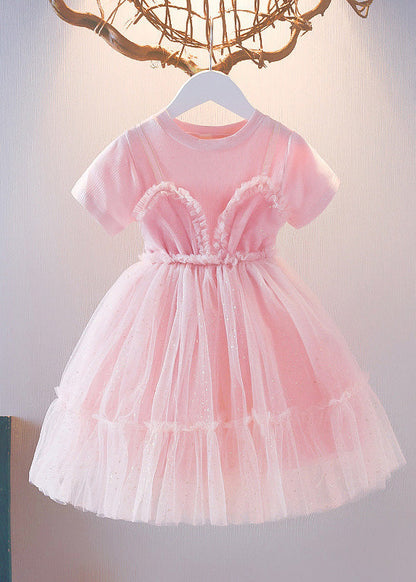 Cute Purple Patchwork Wrinkled Tulle Kids Long Dress Short Sleeve LY6436 - fabuloryshop