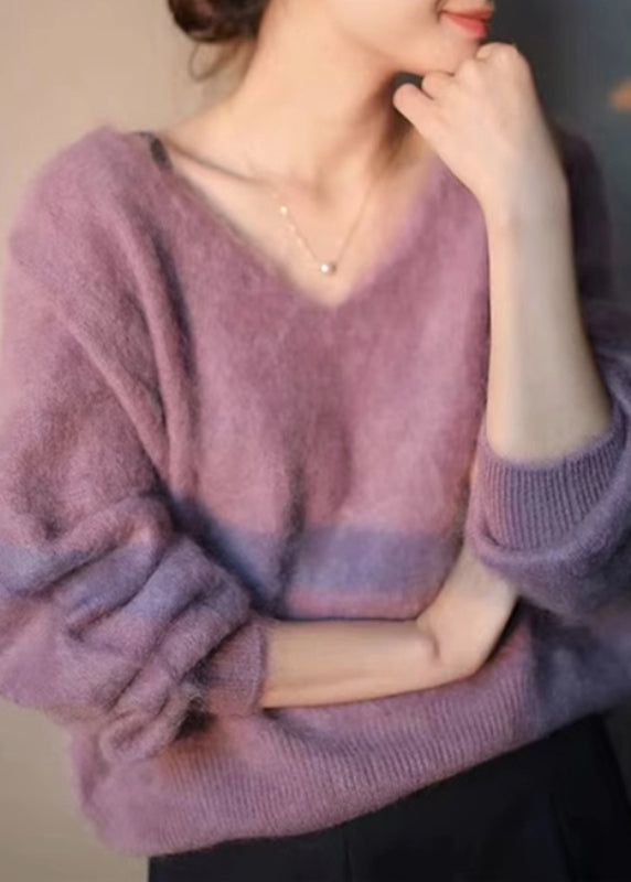 Cute Purple V Neck Cozy Knit Sweater Long Sleeve Ada Fashion