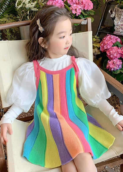 Cute Rainbow O Neck Patchwork Knit Girls Two Piece Set Puff Sleeve Ada Fashion