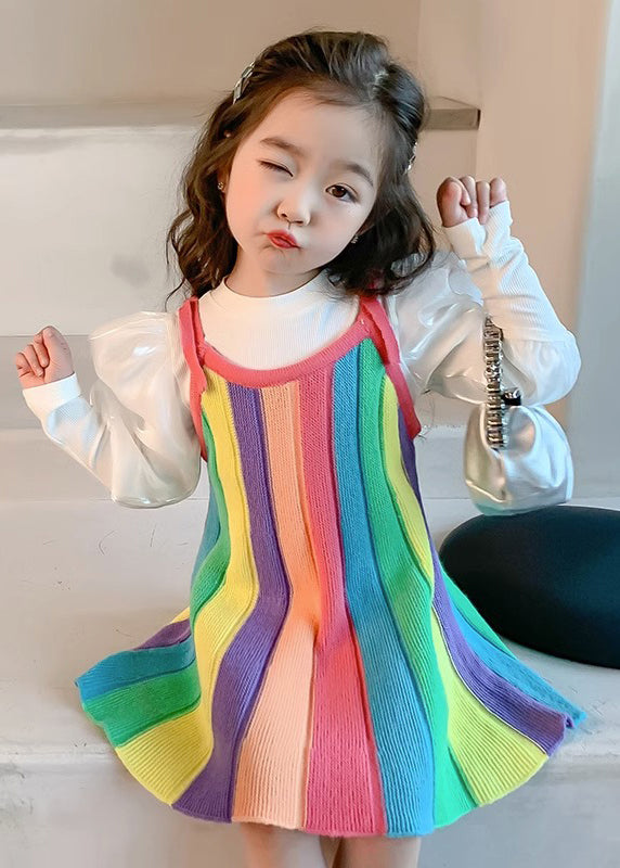 Cute Rainbow O Neck Patchwork Knit Girls Two Piece Set Puff Sleeve Ada Fashion