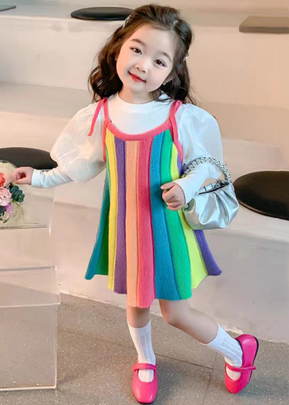 Cute Rainbow O Neck Patchwork Knit Girls Two Piece Set Puff Sleeve Ada Fashion