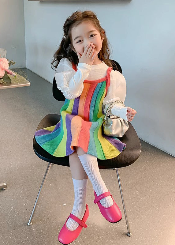 Cute Rainbow O Neck Patchwork Knit Girls Two Piece Set Puff Sleeve Ada Fashion