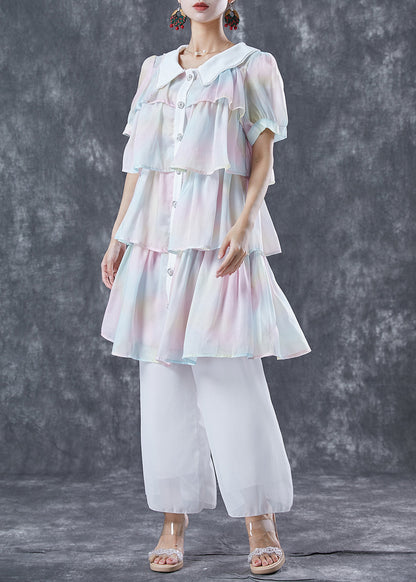 Cute Rainbow Peter Pan Collar Layered Ruffles Chiffon Dresses Summer LY5616 - fabuloryshop