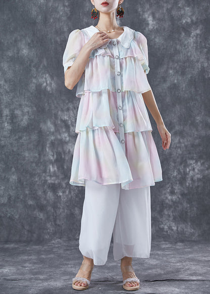 Cute Rainbow Peter Pan Collar Layered Ruffles Chiffon Dresses Summer LY5616 - fabuloryshop