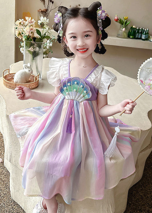 Cute Rainbow Ruffled Nail Bead Patchwork Chiffon Baby Girls Dress Summer LY6535 - fabuloryshop