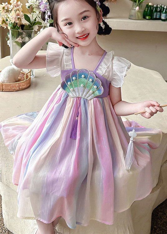 Cute Rainbow Ruffled Nail Bead Patchwork Chiffon Baby Girls Dress Summer LY6535 - fabuloryshop