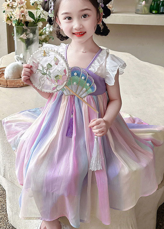 Cute Rainbow Ruffled Nail Bead Patchwork Chiffon Baby Girls Dress Summer LY6535 - fabuloryshop