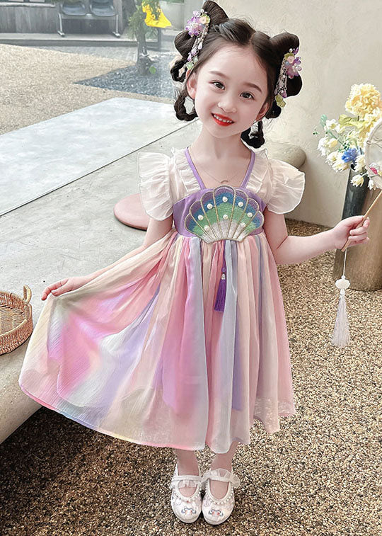 Cute Rainbow Ruffled Nail Bead Patchwork Chiffon Baby Girls Dress Summer LY6535 - fabuloryshop