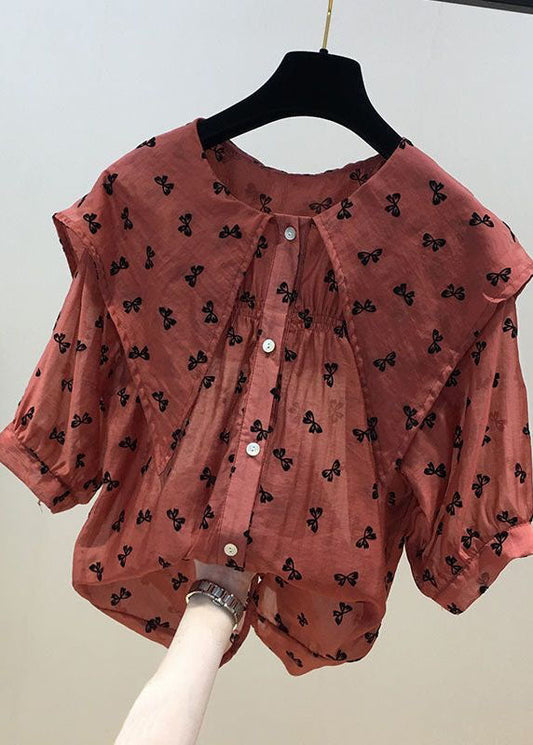 Cute Red Peter Pan Collar Print Chiffon Shirts Tops Summer LY0590 - fabuloryshop