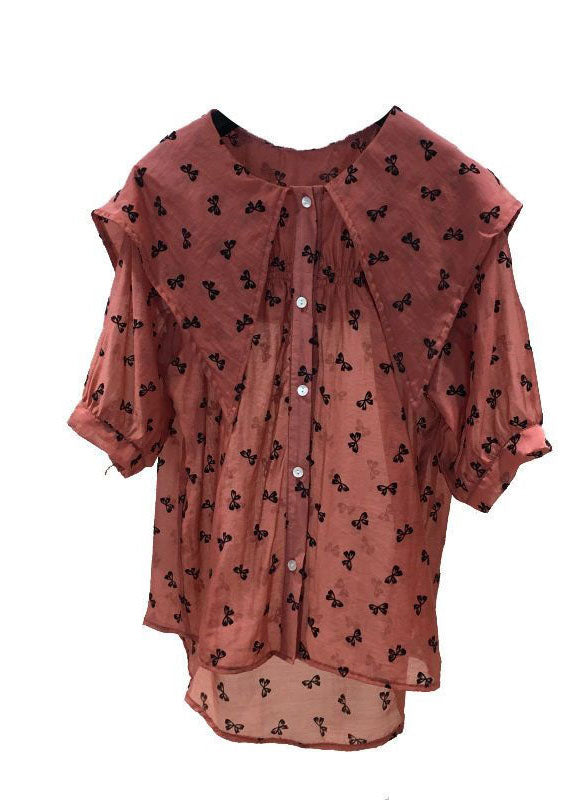 Cute Red Peter Pan Collar Print Chiffon Shirts Tops Summer LY0590