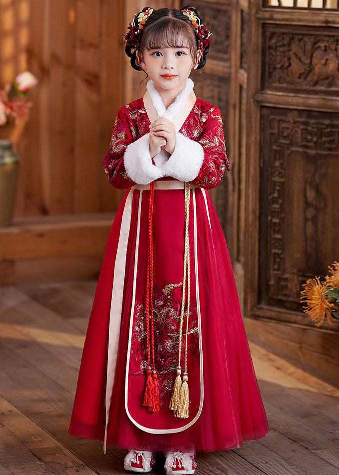 Cute Red Tie Waist Embroideried Patchwork Tulle Kids Maxi Dresses Long Sleeve Ada Fashion