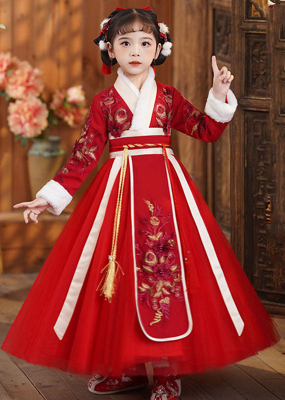 Cute Red Tie Waist Embroideried Patchwork Tulle Kids Maxi Dresses Long Sleeve Ada Fashion