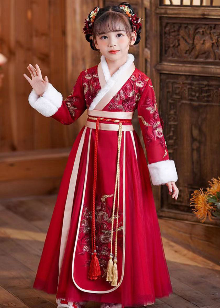 Cute Red Tie Waist Embroideried Patchwork Tulle Kids Maxi Dresses Long Sleeve Ada Fashion