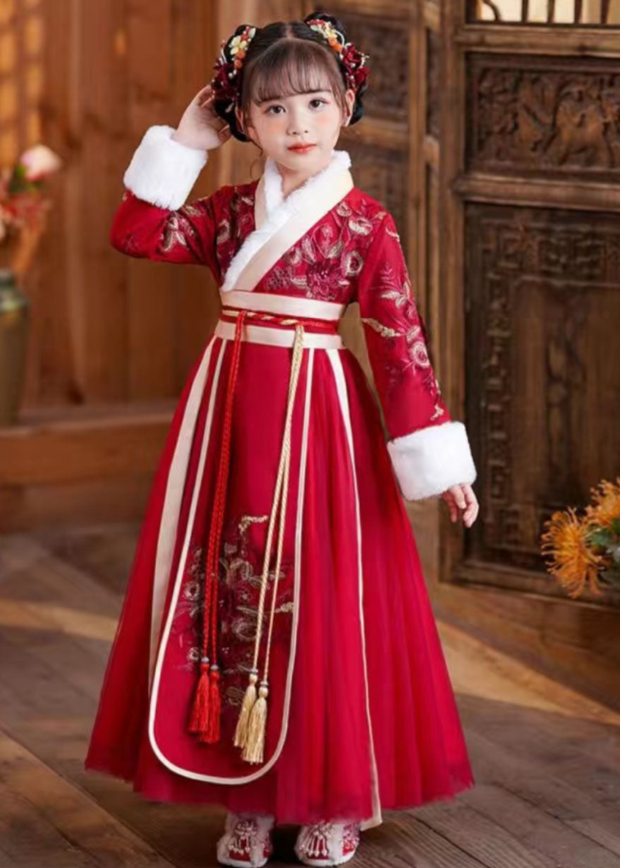 Cute Red Tie Waist Embroideried Patchwork Tulle Kids Maxi Dresses Long Sleeve Ada Fashion