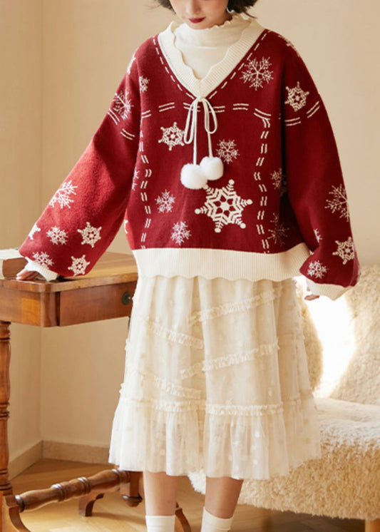 Cute Red V Neck Thick Embroideried Knit Knitted Tops Fall Ada Fashion