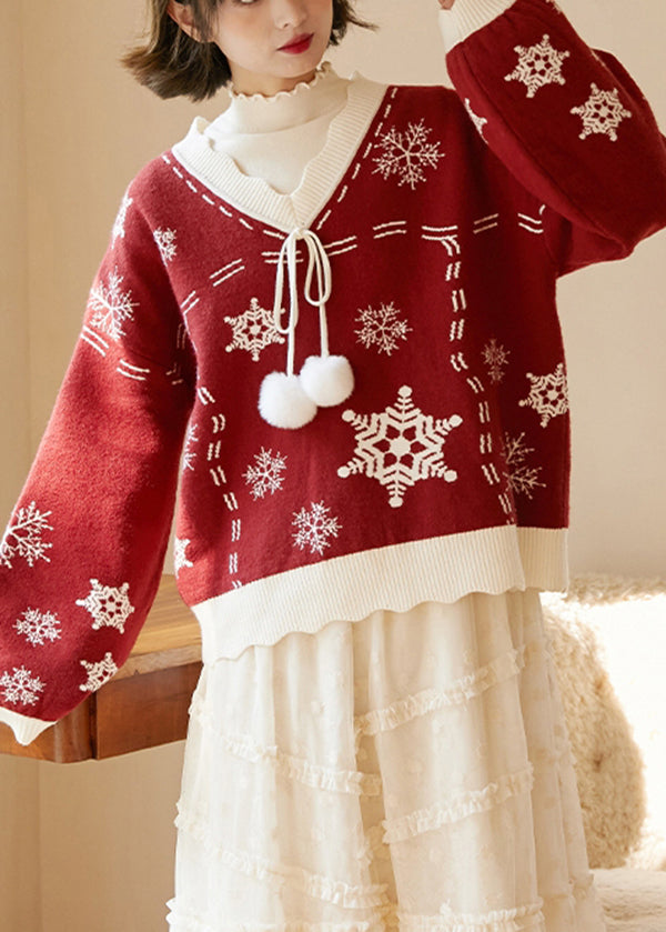 Cute Red V Neck Thick Embroideried Knit Knitted Tops Fall Ada Fashion