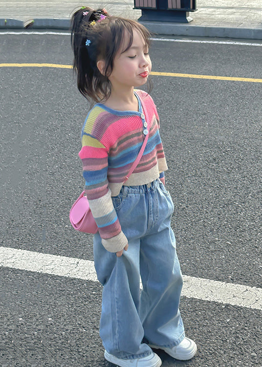 Cute Striped O Neck Cotton Tops And Denim Pants Baby Girls Two Pieces Set Fall Ada Fashion