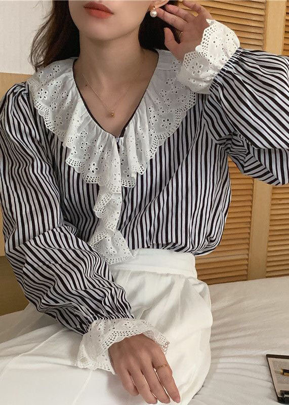 Cute Striped Ruffled Patchwork Cotton Shirts Top Long Sleeve LY2632 - fabuloryshop