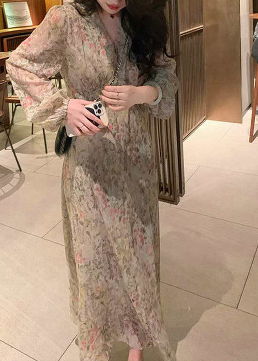 Cute V Neck Print Tie Waist Chiffon Long Dress Long Sleeve LY3901 - fabuloryshop