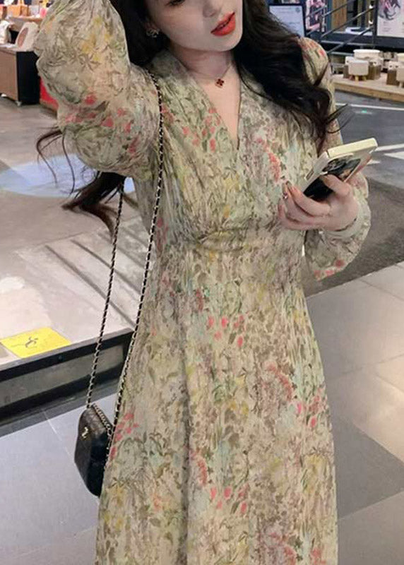 Cute V Neck Print Tie Waist Chiffon Long Dress Long Sleeve LY3901 - fabuloryshop