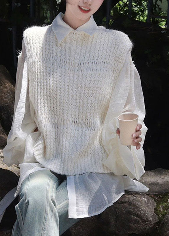 Cute White Hollow Out Knit Cardigans And Shirts Two Pieces Set Long Sleeve Ada Fashion