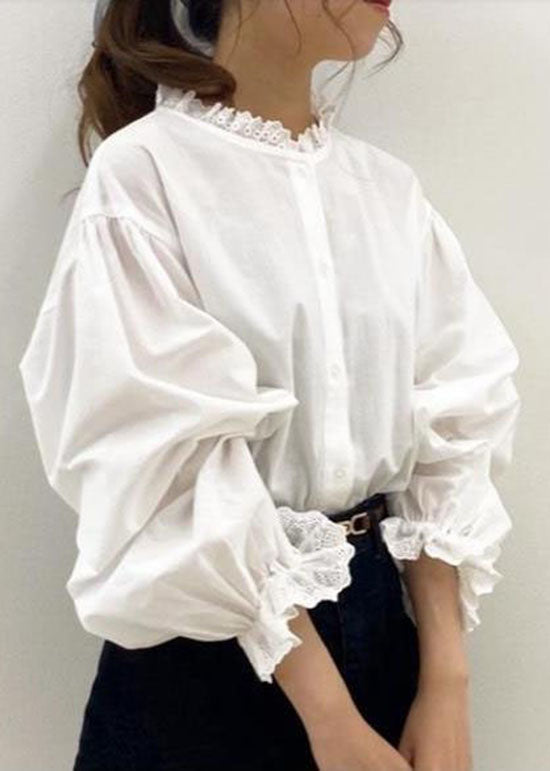 Cute White Lace Ruffled Patchwork Cotton Shirt Top Spring LY2070 - fabuloryshop