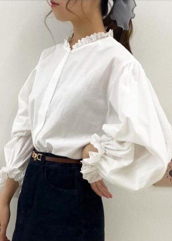 Cute White Lace Ruffled Patchwork Cotton Shirt Top Spring LY2070 - fabuloryshop