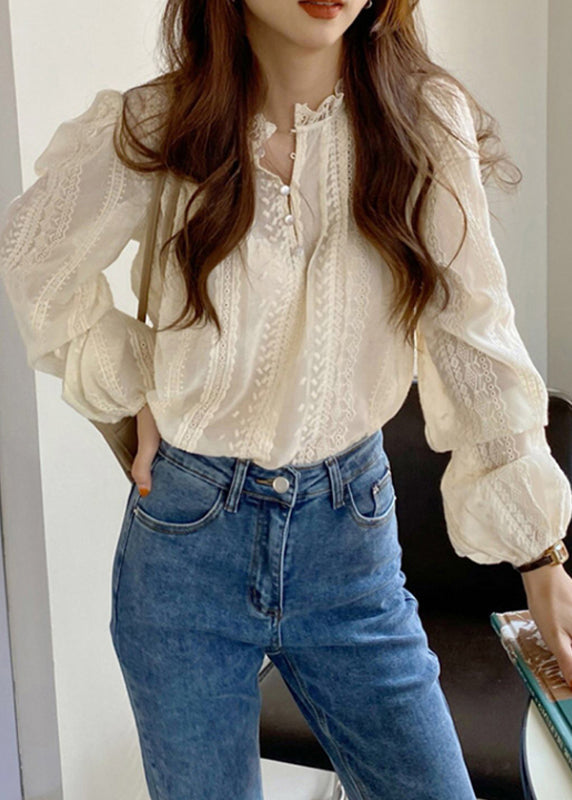 Cute White O-Neck Button Lace Shirts Spring LY2642 - fabuloryshop