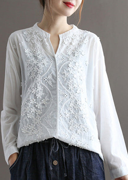 Cute White V Neck Embroideried Floral Solid Cotton Top Spring LY5085 - fabuloryshop