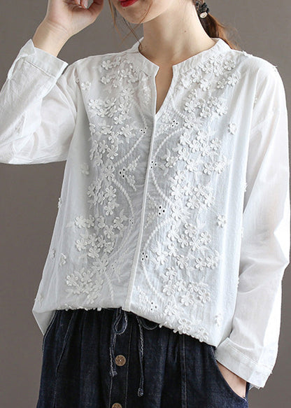 Cute White V Neck Embroideried Floral Solid Cotton Top Spring LY5085 - fabuloryshop