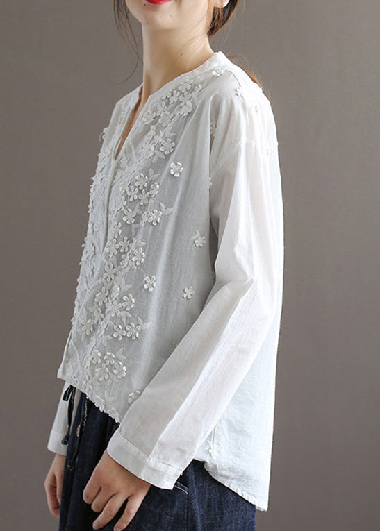 Cute White V Neck Embroideried Floral Solid Cotton Top Spring LY5085 - fabuloryshop