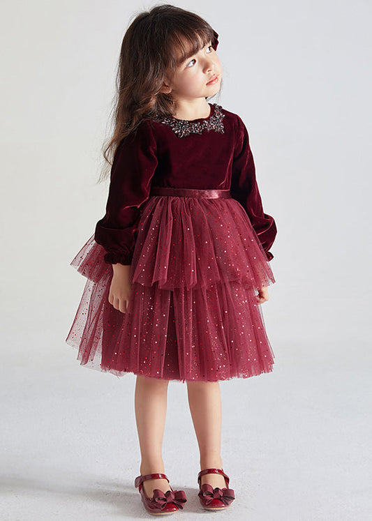 Cute Wine Red Ruffled Tulle Patchwork Warm Fleece Kids Girls Dress Fall Ada Fashion