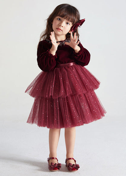 Cute Wine Red Ruffled Tulle Patchwork Warm Fleece Kids Girls Dress Fall Ada Fashion