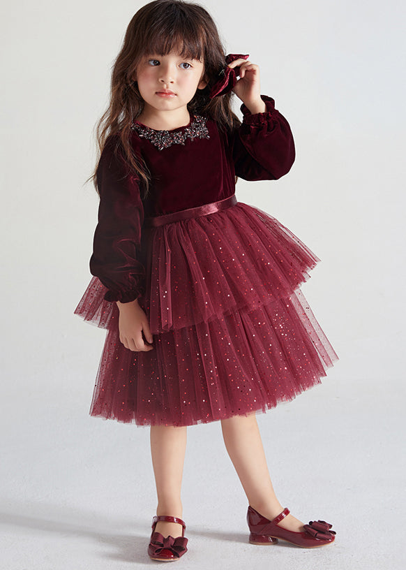 Cute Wine Red Ruffled Tulle Patchwork Warm Fleece Kids Girls Dress Fall Ada Fashion