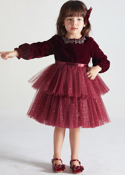 Cute Wine Red Ruffled Tulle Patchwork Warm Fleece Kids Girls Dress Fall Ada Fashion