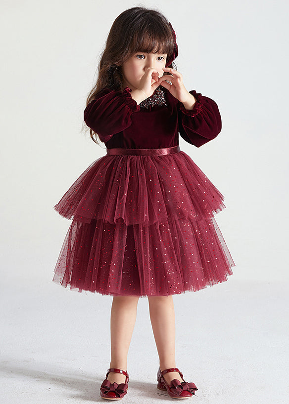 Cute Wine Red Ruffled Tulle Patchwork Warm Fleece Kids Girls Dress Fall Ada Fashion