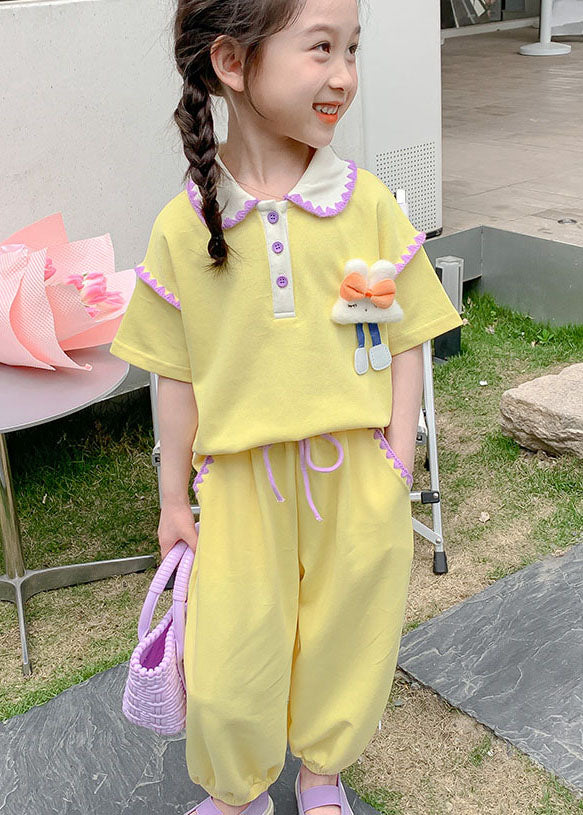 Cute Yellow Cartoon Decorated Patchwork Cotton Kids Girls Two Pieces Set Summer LY5445 - fabuloryshop